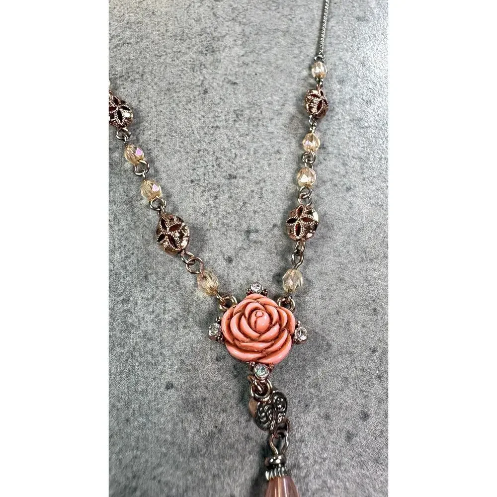 1928 Jewelry Pink Rose Y-Drop Necklace, Victorian Romantic Floral Resin Choker